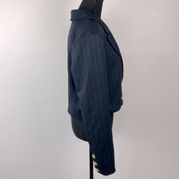 Free People Crop Blazer Tailored Navy Pinstripe Collared Gold Buttons Jacket M - Picture 6 of 12